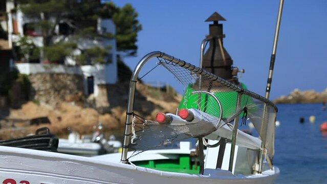 Detail of fishing tackle incorporated in the boat. Sa Tuna, Begur, Costa Brava, Catalonia, Spain.