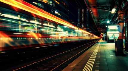 Fototapeta na wymiar City Train Station Night Scene with Speeding Train on Tracks Amidst Urban Lights and Buildings