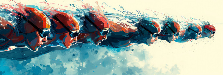 Swimming sport illustration. Male swimmers and splash  water, banner for swimming competition - obrazy, fototapety, plakaty