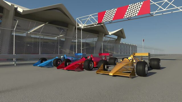 Racing Car Ready To Start. Waiting On The Start Line. Sports And Car Racing Related 3D Animation.