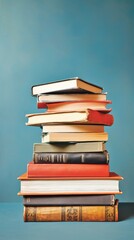 Fototapeta premium Stack of old collectible books on a blue background in portrait format. Vertical orientation