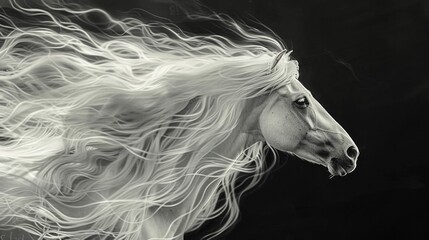 Magnificent white horse with flowing mane and tail galloping gracefully against a dramatic black backdrop