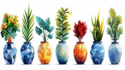Various tropical house plants. Ficus, monstera, protea, pellaea, succulents in various pots. Scandinavian cozy home decor illustration. Isolated on white.