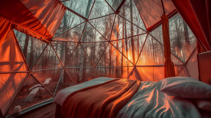 View from inside the dome tent in the morning time with the sun rise,