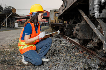 engineer women worker servicing check train. young teen maintenance locomotive rail transport vehicle.