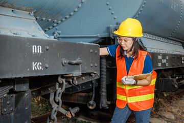 engineer women worker servicing check train. young teen maintenance locomotive rail transport vehicle.