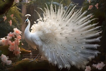 The white peacock with its feathers spread out. Elegant white peacock showcasing its full-feathered. © Liliia