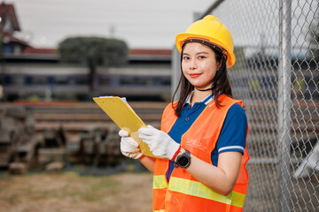 portrait Asian young teen engineer worker standing happy smile outdoor waring safety reflective with hardhat. - 793844196