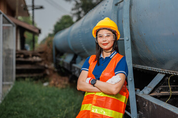 portrait train locomotive engineer women worker. Happy Asian young teen smiling work at train station train track locomotive service maintenance. - 793844197