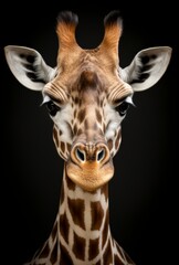 Portrait of a giraffe looking at the camera isolated on black background. Vertical orientation