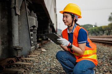 Train locomotive engineer women worker. Young teen Asian working check service maintenance train using tablet computer software. - 793844364