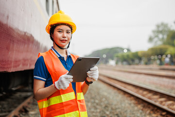 Train locomotive engineer women worker. Young teen Asian working check service maintenance train using tablet computer software. - 793844368