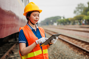 Train locomotive engineer women worker. Young teen Asian working check service maintenance train using tablet computer software. - 793844377