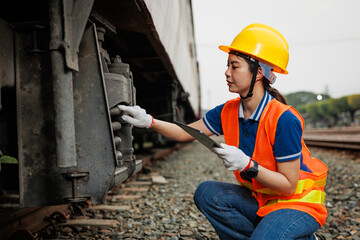 Train locomotive engineer women worker. Young teen Asian working check service maintenance train using tablet computer software. - 793844392