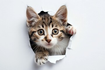 Adorable moment a curious kitten peeks through a torn white paper, its eyes wide and inquisitive.