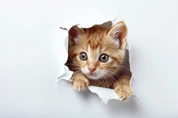 Adorable moment a curious kitten peeks through a torn white paper, its eyes wide and inquisitive.