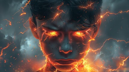 Angry young man surrounded by lightnings. Concept of negative emotions, aggression, and psychological problems. Guy in stressful situations. A flat modern illustration. - obrazy, fototapety, plakaty