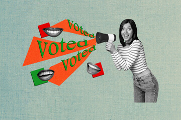 Composite photo collage of happy excited girl hold bullhorn promote vote election process mouth laugh emotion isolated on painted background - 793844701