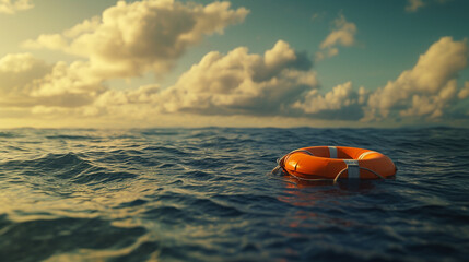 .Highlight the Sea Rescuer: Close-up of an Orange Lifebuoy Floating Serenely, ready to offer assistance amidst the vastness of the Open Sea - obrazy, fototapety, plakaty