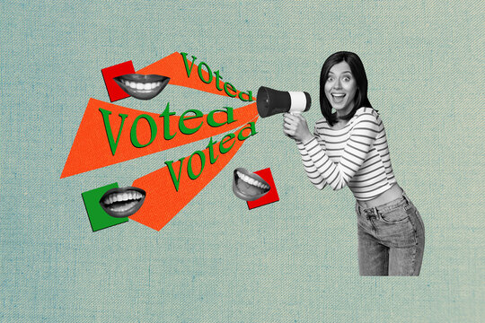 Fototapeta Composite photo collage of happy excited girl hold bullhorn promote vote election process mouth laugh emotion isolated on painted background