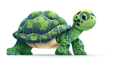 The cute and funny green tortoise with shell is crawling sideways. A modern flat illustration of a baby animal on a white background in colored flat modern shapes. - obrazy, fototapety, plakaty