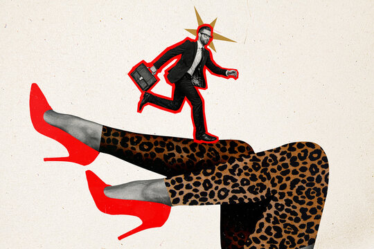 Composite photo collage of serous businessman run girl legs wear heels leopard leggings dictator boss sexism isolated on painted background