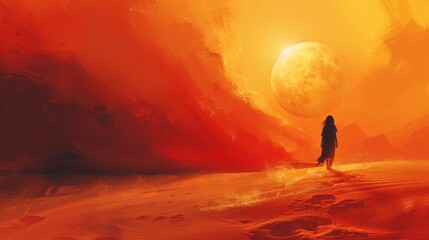 This is an illustration of a person feeling lost and alone, walking in the desert. A woman walking along her path in loneliness.