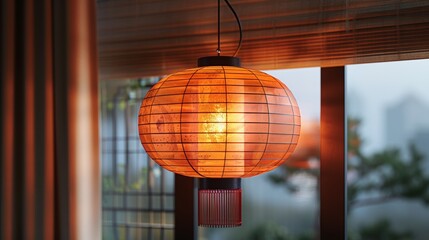 The traditional golden Chinese street lantern hanging on the chord is decorated with a decorative collapsible paper in China and Japan. This Asian fortune lamp is drawn in modern format and is