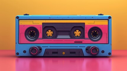 An old cassette with most popular songs of the 1980s on magnetic tape. Nostalgic outdated audio cassette. Seamless coloured flat modern illustration on a white background.