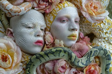 Women adorned with flowers and snakes in a mystical and enchanting portrait art composition