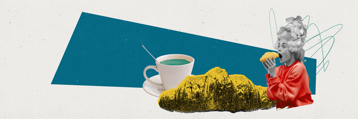 Banner. Woman eating huge croissant with cup of coffee against background with geometry shapes in...