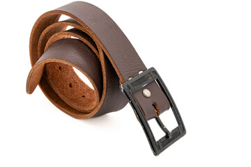 Worn Men's leather belt in a dark brown color with a metal buckle on white background.