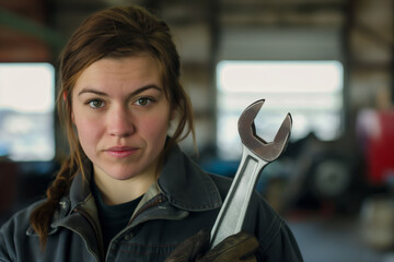 Young woman in a workshop holds a wrench, exemplifying skilled trades and empowerment