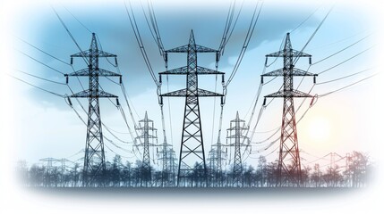 Power lines with high voltage cables and transmission towers. Electricity energy distribution powerlines with poles and wires. Flat modern illustration isolated on white. - obrazy, fototapety, plakaty