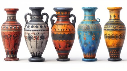 A Greek ceramic amphora. An ancient clay wine vase from ancient Greece. A classic earthenware crockery, or pottery from antiquity. This flat modern illustration is isolated on a white background.