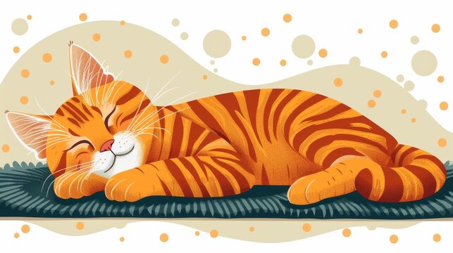 A cute little cat asleep, lying on the floor in a mat at home. She is smiling and resting on the carpet. A lovely lazy feline animal sleeping on the rug. Modern illustration on white background with