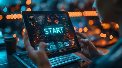 Entrepreneur activates startup interface on a tablet, showcasing digital innovation and business launch. Neon glow and holographic touch for tech and app development concepts.