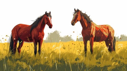 Stallion and mare equine animals on grass. Two equine animals standing on a lawn, field, pasture in nature. Modern illustration isolated on white.