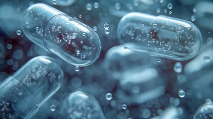 Submerged capsules with water bubbles. Hydrated medicine concept, highlighting bioavailability and absorption. Scientific healthcare research on medication in an aquatic environment