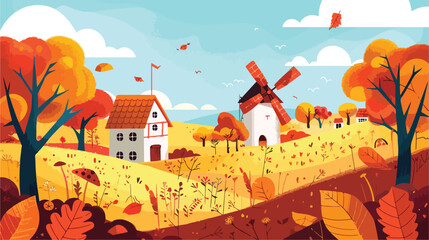 Autumn landscape with houses trees fieldsand windmill