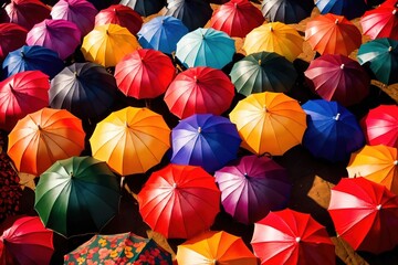 Fototapeta na wymiar Colorful assorted umbrellas, showing diversity and choice in rainbow pattern