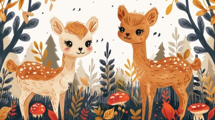Obraz premium Scandinavian pattern with childlike animals. Texture design with llamas and capybaras. Modern illustration for kids wallpaper, textile, fabric, wrapping in Scandinavian style.