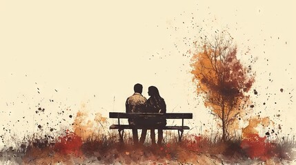 Decorative modern illustration of a couple sitting on a bench and hugging each other on the back. Romantic pair embracing each other from behind. - obrazy, fototapety, plakaty