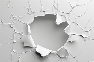 hole in white shiny wall with cracks - obrazy, fototapety, plakaty