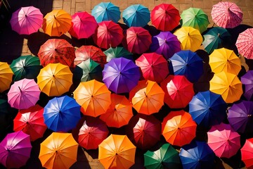 Fototapeta na wymiar Colorful assorted umbrellas, showing diversity and choice in rainbow pattern
