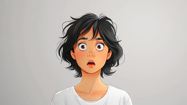 An isolated graphic modern illustration depicts a scared, terrified woman staring at something with fear, fearful emotions. Expertly drawn flat graphic modern illustration with white background.