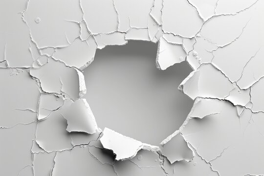 hole in white shiny wall with cracks