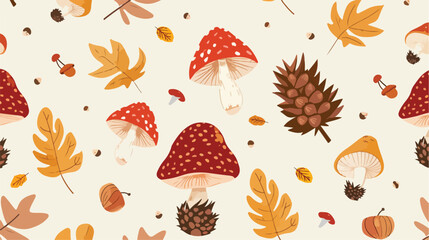 Autumn pattern with cute mushrooms conifer cones - obrazy, fototapety, plakaty