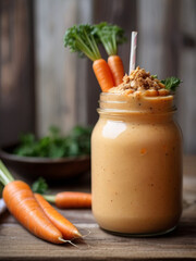 A  glass jar full of creamy carrot cake smoothie served on the rustic wooden kitchen table