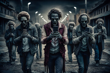Fototapeta na wymiar New Generations Walk Like Zombies, Enchanted by Smartphones